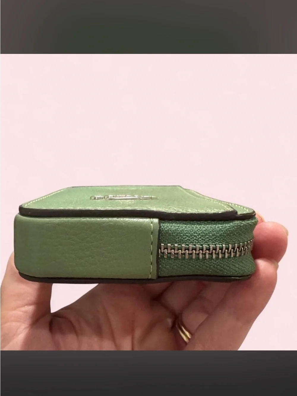 Coach Sage Green Leather Zip Card Case with Chain